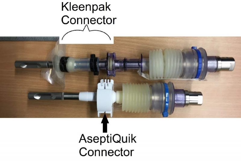 Side-by-side comparison of an AseptiQuik connector alongside a Kleenpak connector