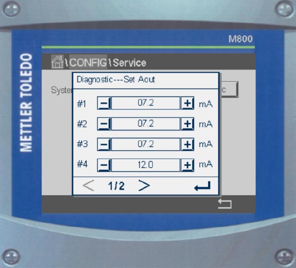 Mettler M800: some instrument manufacturers allow the transmitter to simply output a user-defined value in V or mA. This makes testing and troubleshooting the system very easy and convenient. On the Mettler Transmitter, enter into Service mode. From here, you can enter the value that you’d like the transmitter to generate and transmit