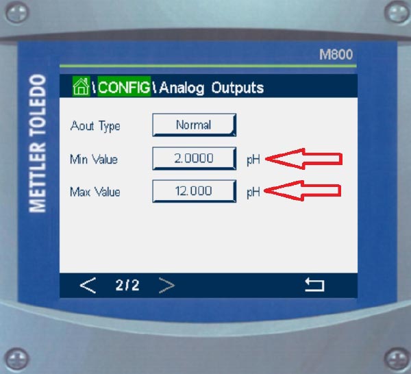 page 2 menu: configure analog outputs on the Mettler M800 settings screen