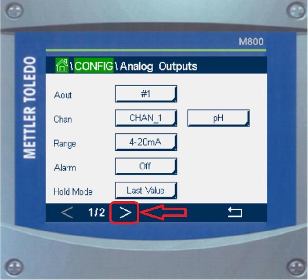 configure analog outputs on the Mettler M800 settings screen