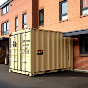 Steel-reinforced "cargo container" on the outside of a building to minimize explosive risks.